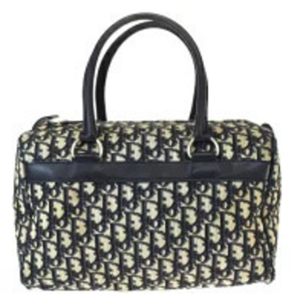 Christian Dior Trotter Handbag Boston Navy Blue Canvas Leather